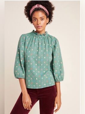 Anthropologie Ro & De Mint Green Ruffle-Neck Square Print Isabetta Blouse